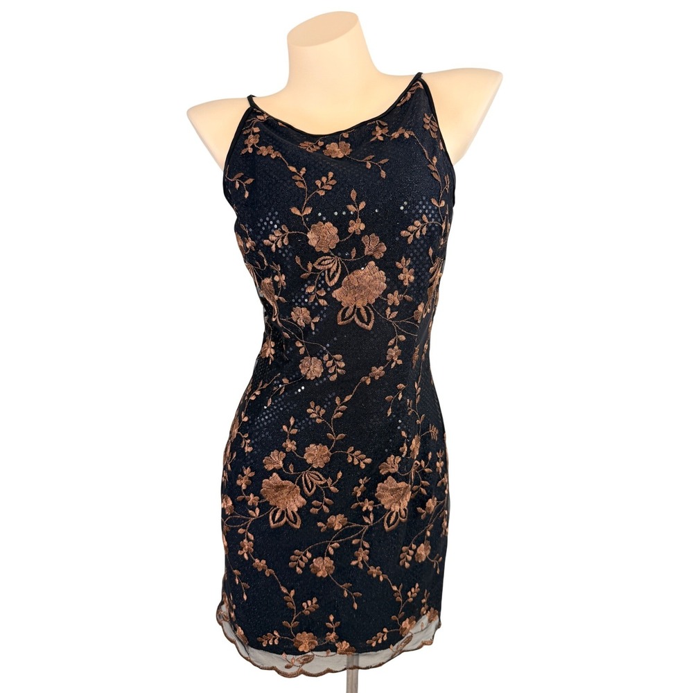 Jessica McClintock Black Bronze Floral Sequin Mesh Mini Cocktail Dress Sz 8